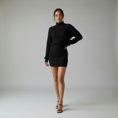 Turtleneck Long Sleeved Ribbed Dress - front view