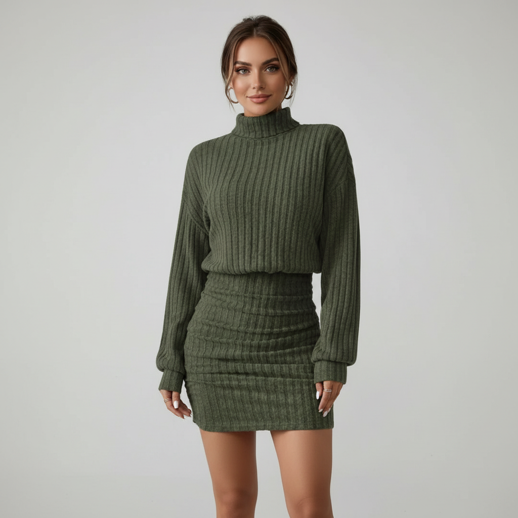 Turtleneck Long Sleeved Ribbed Dress Dark Green