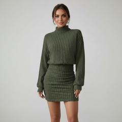 Turtleneck Long Sleeved Ribbed Dress Dark Green