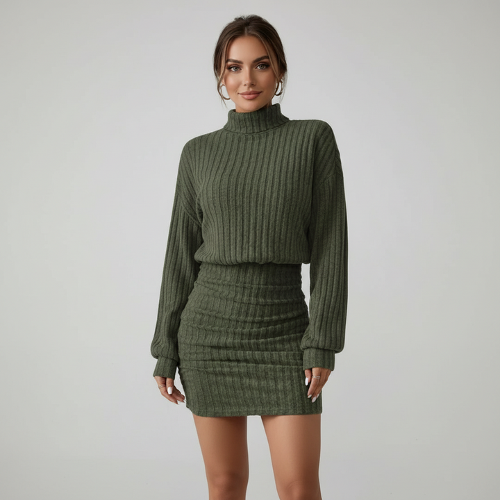 Turtleneck Long Sleeved Ribbed Dress Dark Green