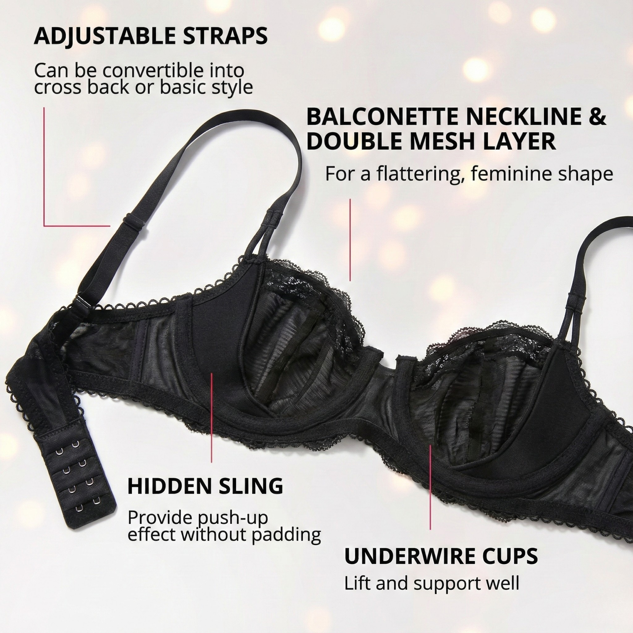  Unlined Underwire Lace Bra - Black Edition