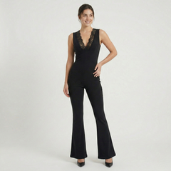 V-Neck Jumpsuit - For Women - Black -2