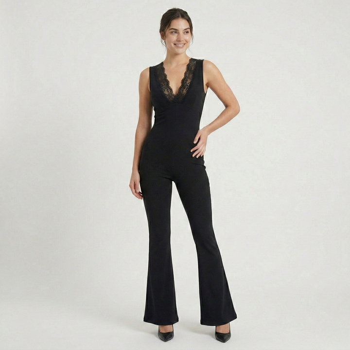 V-Neck Jumpsuit - For Women - Black -2
