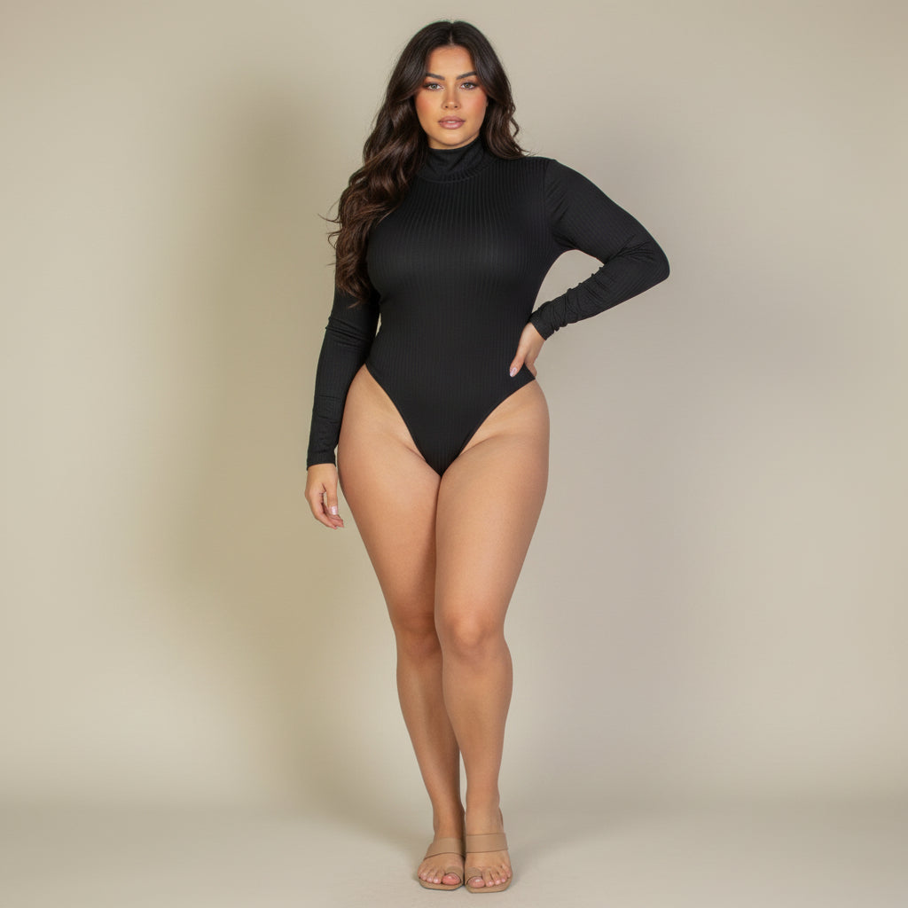 Woman wearing olive ribbed high-neck bodysuit with long sleeves, contoured fit, front view on neutral background