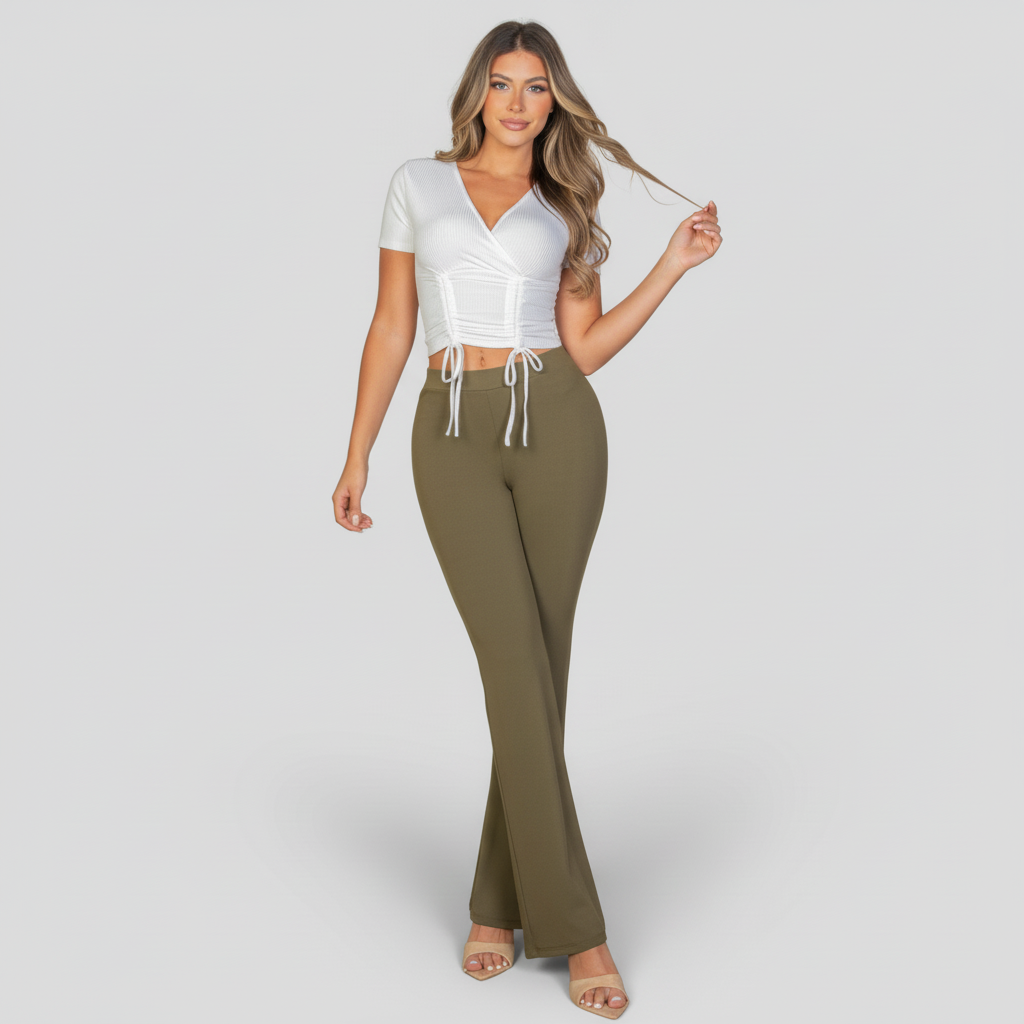 Woman in ribbed surplice wrap top with ruched drawstring detail, soft neutral tone, NYC casual styling