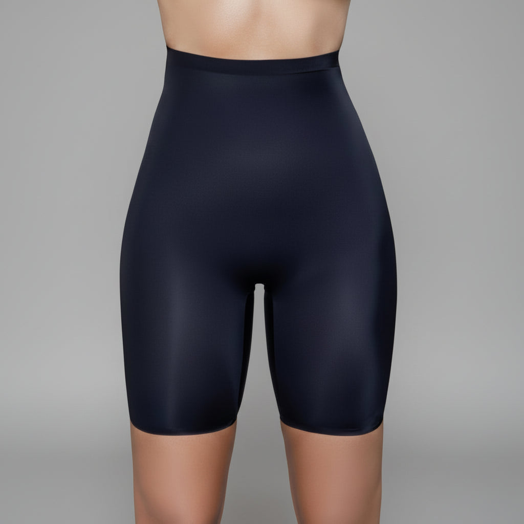 Black high-waist shapewear shorts with seamless construction and mid-thigh length on neutral background