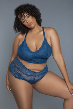 Cindy lace cami set in sheer floral lace with racerback bralette and matching shorty bottoms on model in natural light