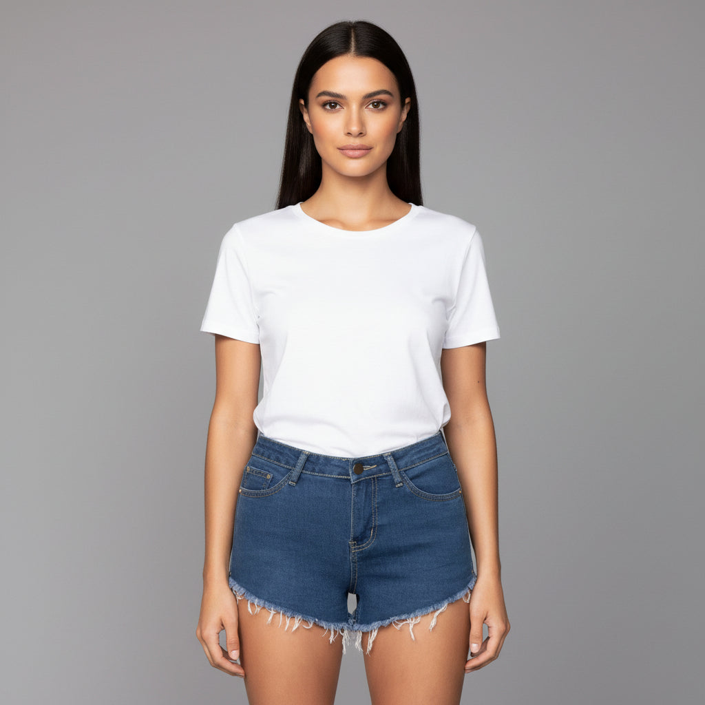 Model wearing high-waisted blue denim shorts with back zipper detail and frayed hem, cotton-spandex blend