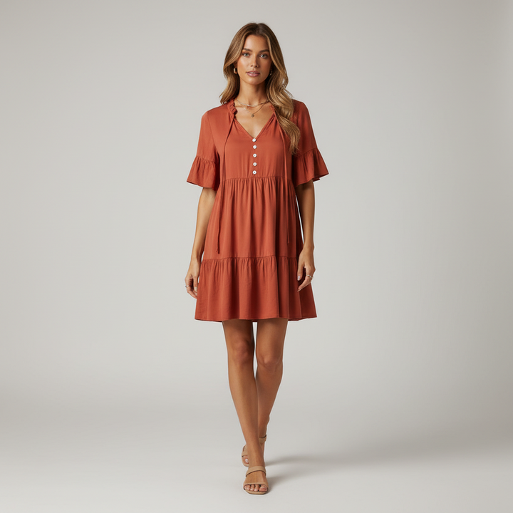 Boho Flounce Tie Neck Dress