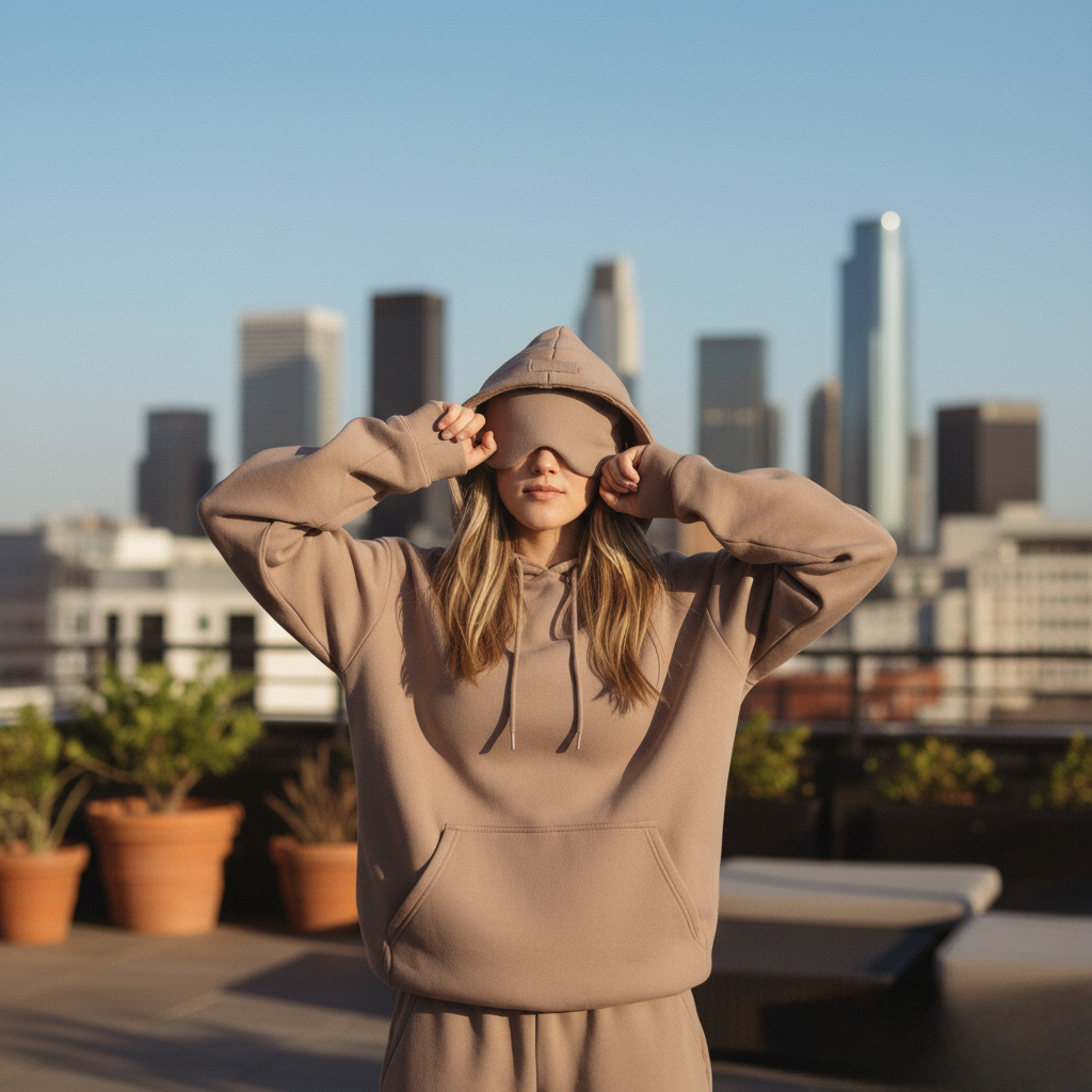 Woman in Tan Hoodie on Rooftop