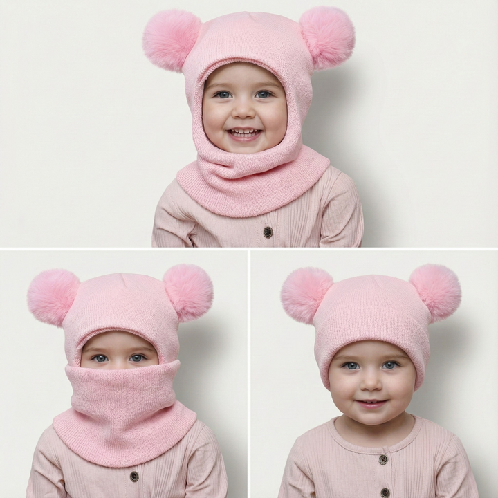 Toddler wearing soft knit beanie hat in neutral tone, stretchy ribbed construction, sized for ages 1-3 years