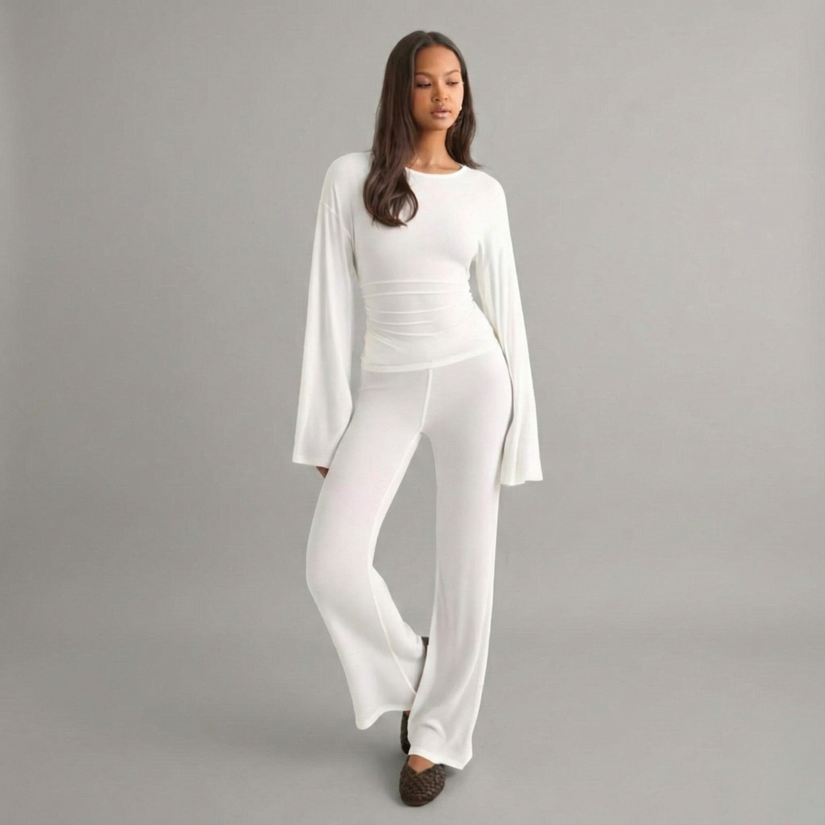 Round Neck Flare Sleeve Top & Bottom Set - detail view