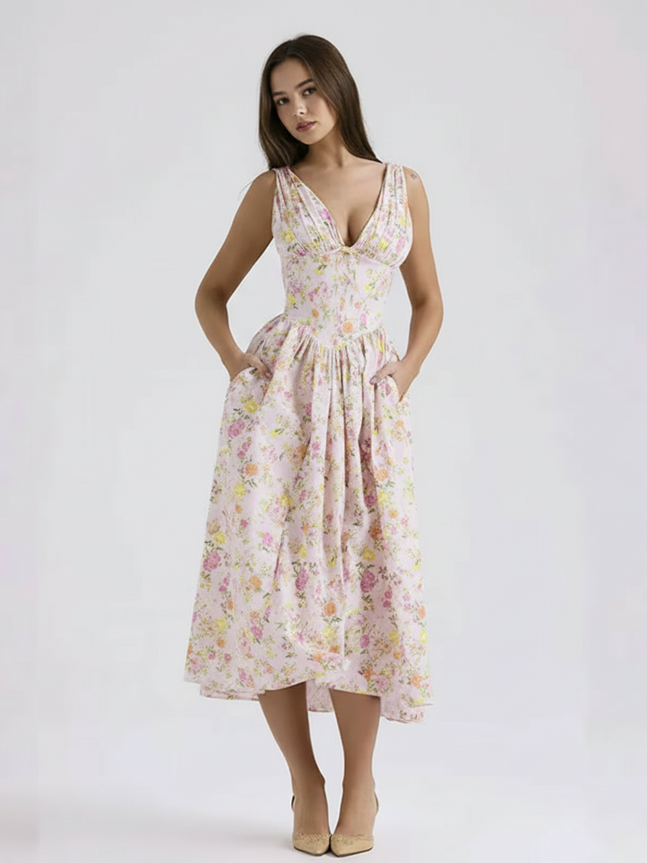  biege floral deep v neck midi dress
