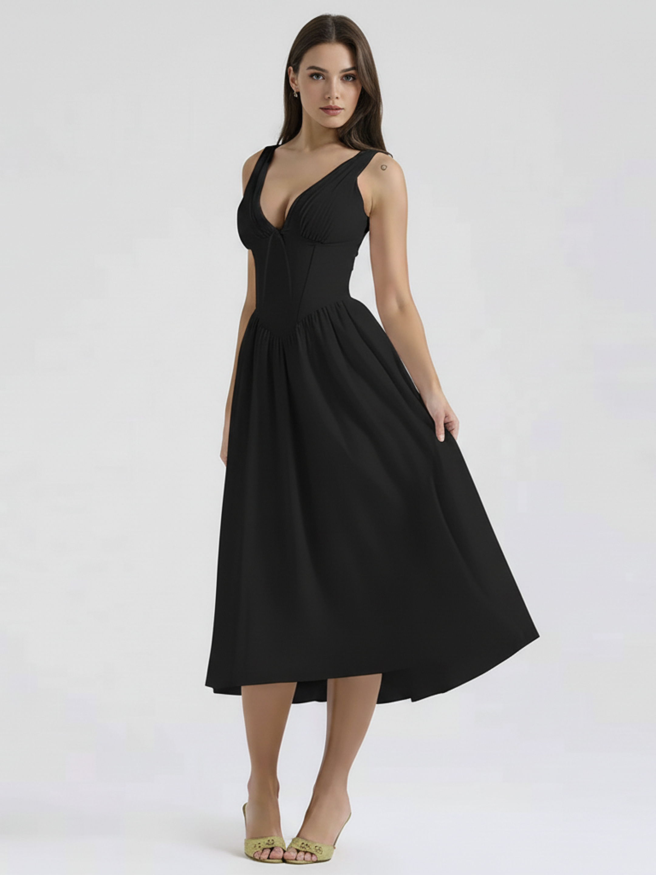 black v neck midi dress