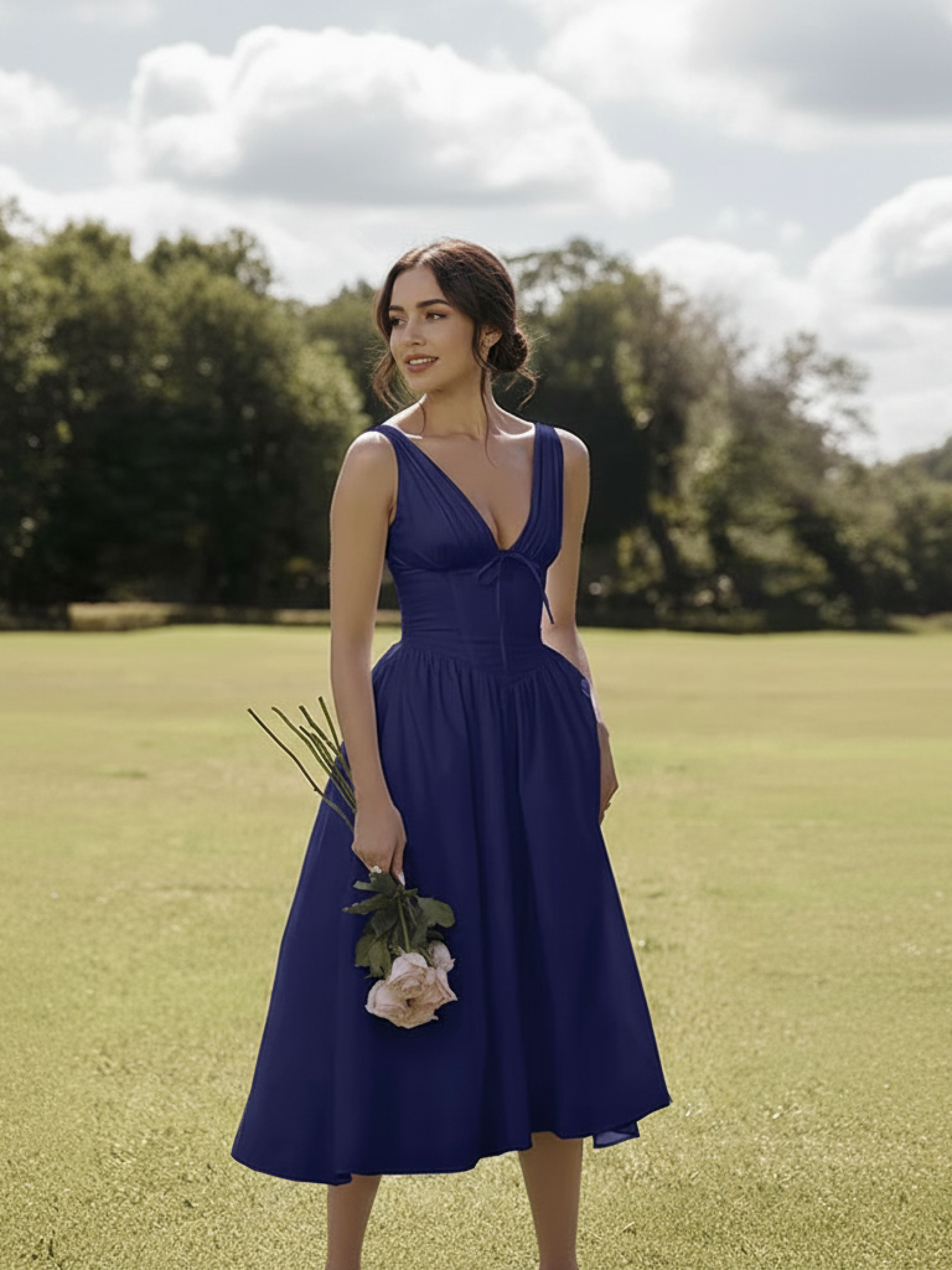 blue deep v neck midi dress