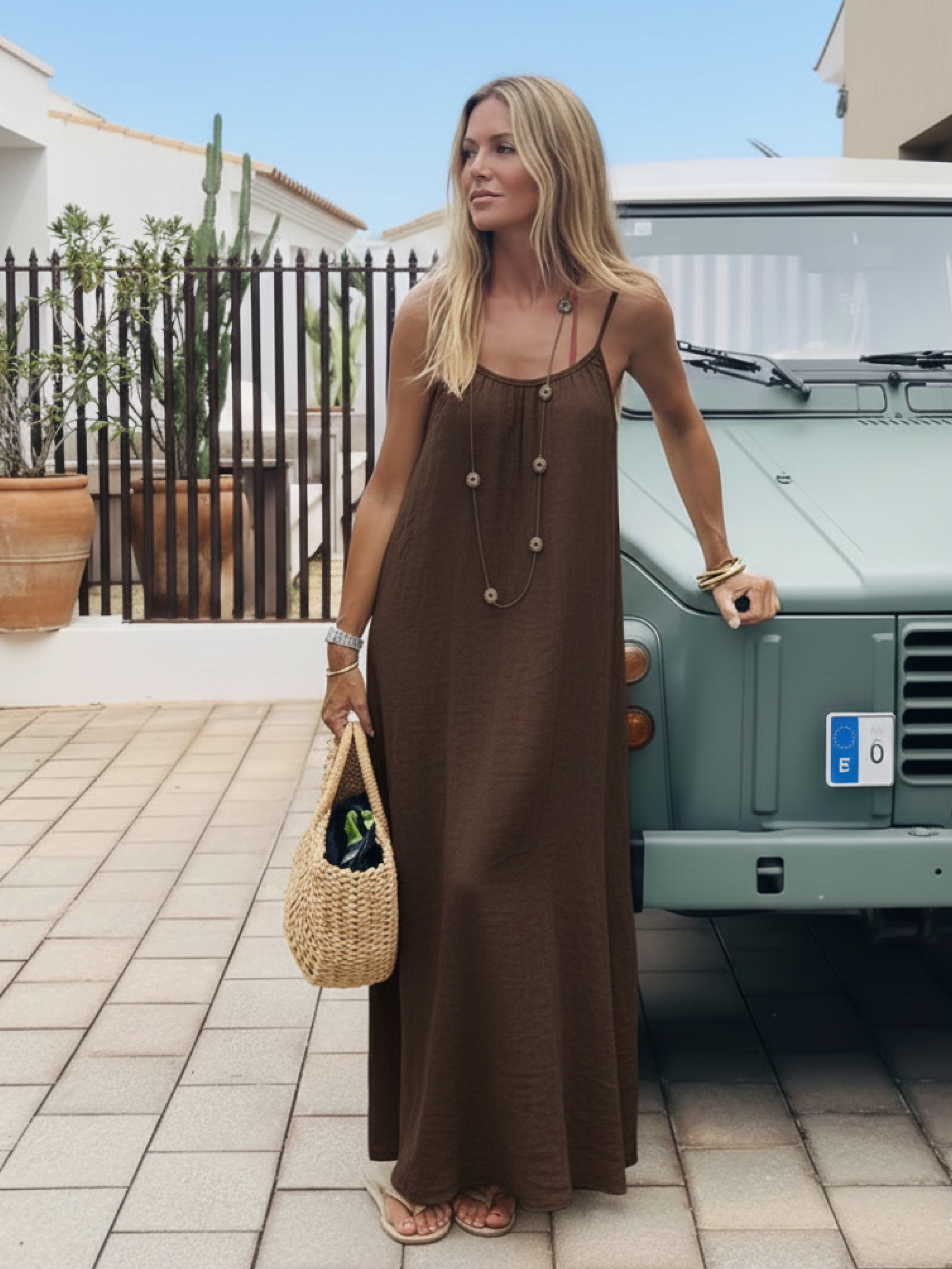  brown Loose Fit Spaghetti Strap Dress