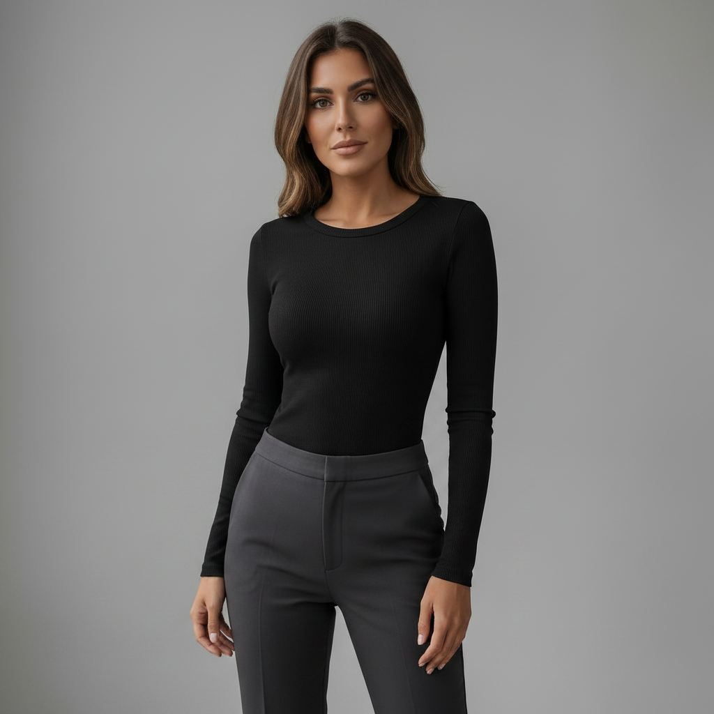Long Sleeve Crew Neck Ribbed Top - styled look