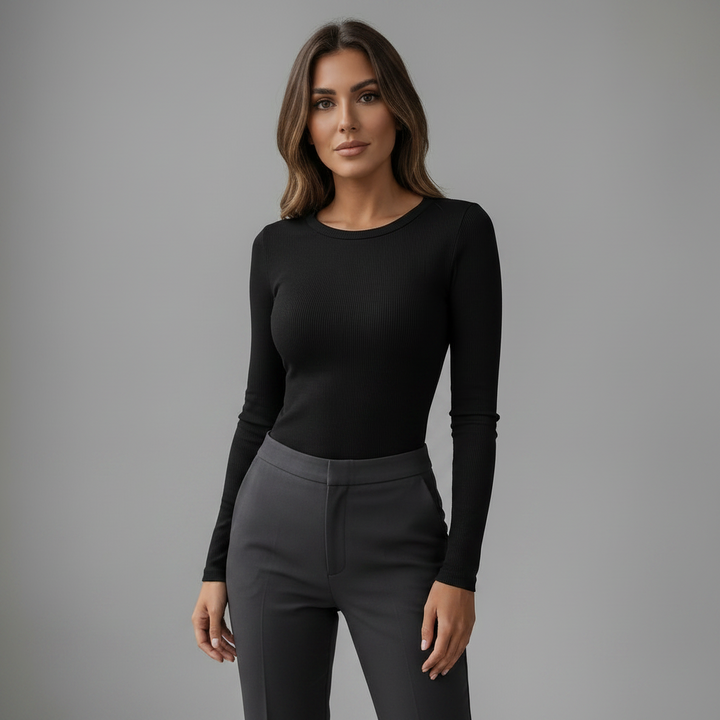 Long Sleeve Crew Neck Ribbed Top - styled look