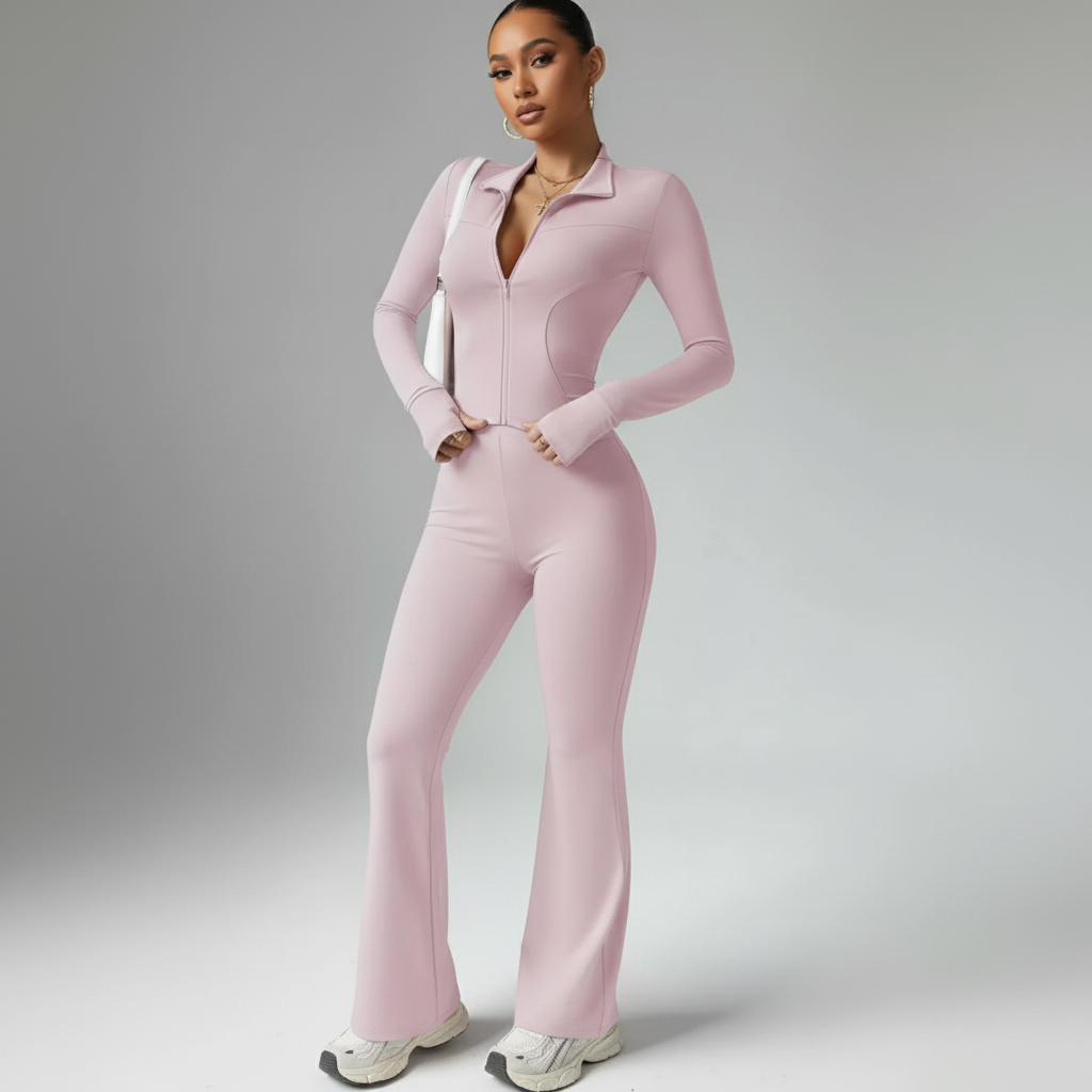 Woman wearing black seamless loungewear set with high-waist leggings and long sleeve top, four-way stretch fabric
