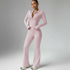 Woman wearing black seamless loungewear set with high-waist leggings and long sleeve top, four-way stretch fabric