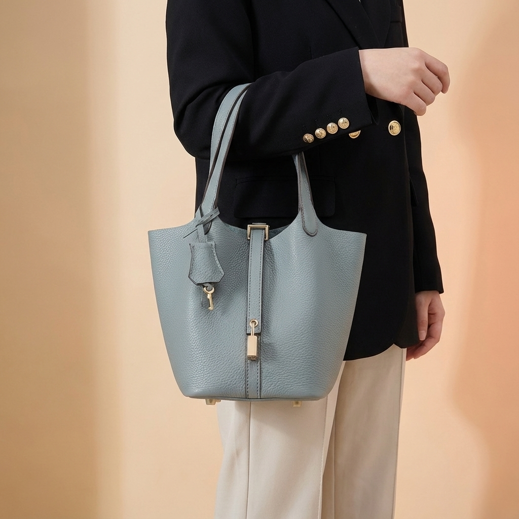 Modern Leather Basket Handbag - close-up