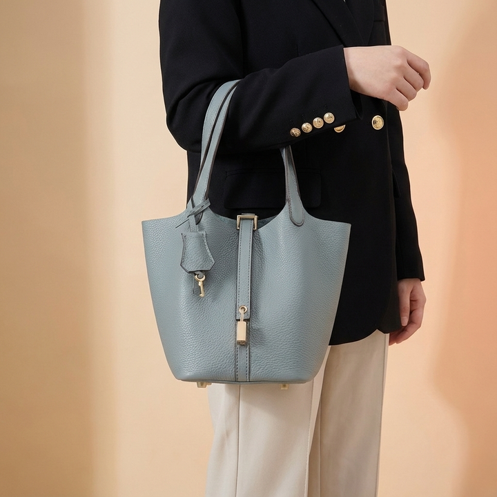 Modern Leather Basket Handbag - close-up