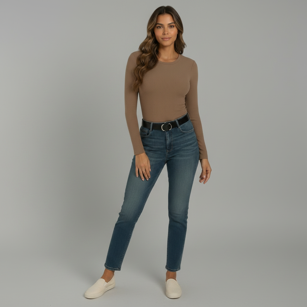 Long Sleeve Crew Neck Ribbed Top - front view