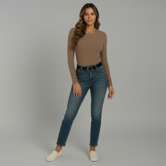 Long Sleeve Crew Neck Ribbed Top - front view