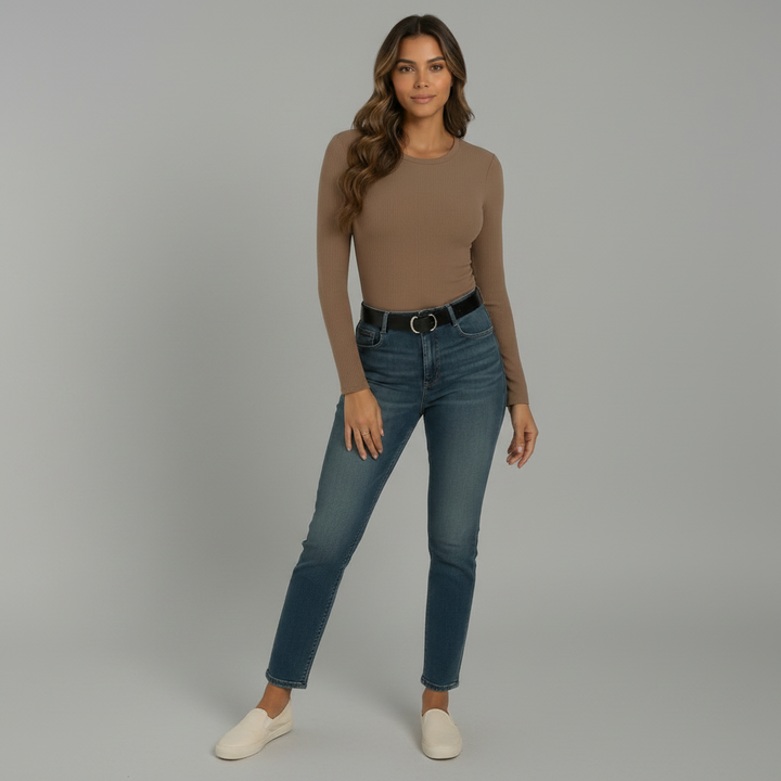 Long Sleeve Crew Neck Ribbed Top - front view