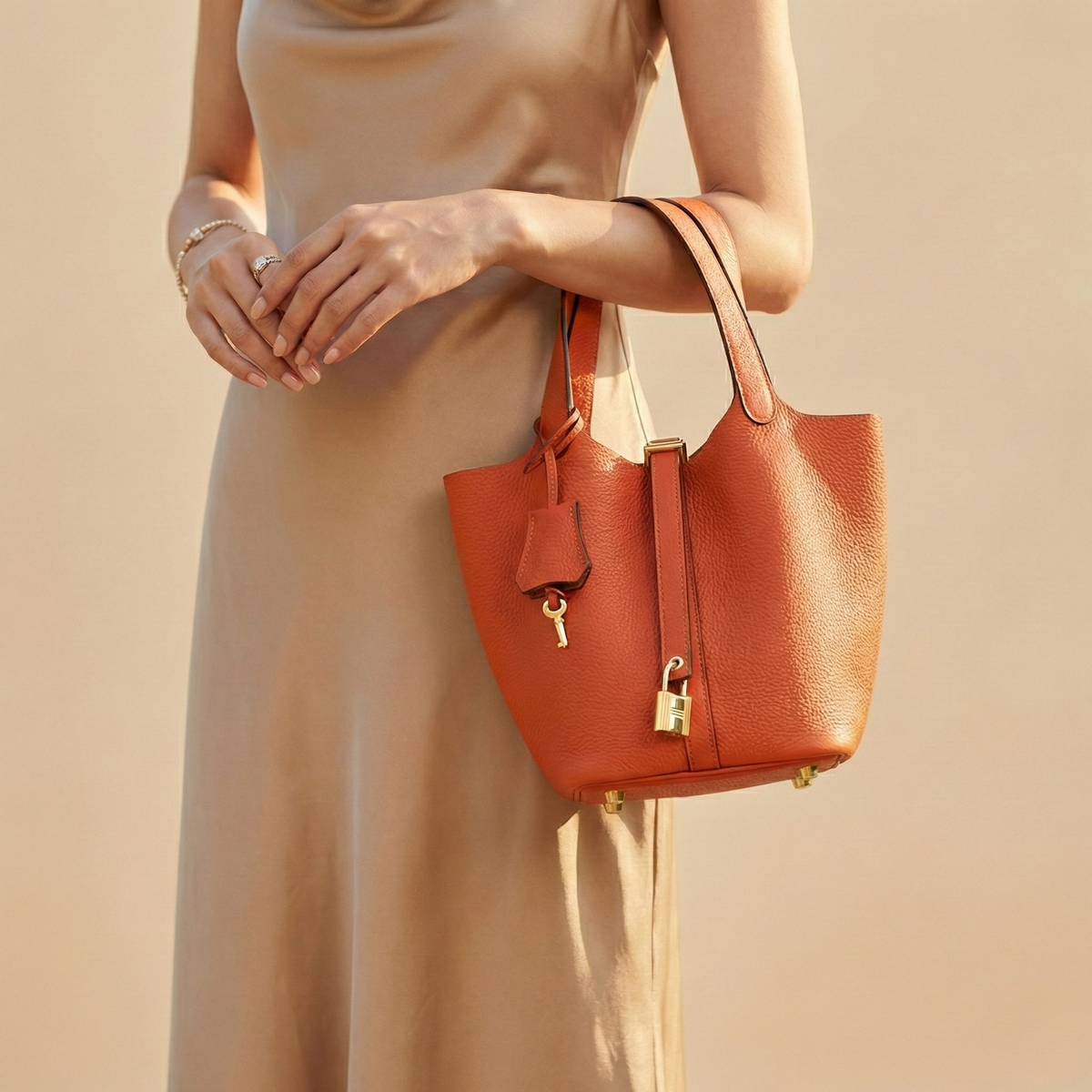 Modern Leather Basket Handbag - fabric detail