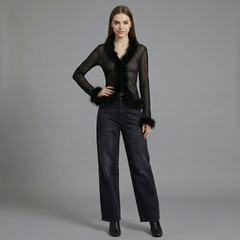 Mesh Casual Long Sleeve Top - close-up
