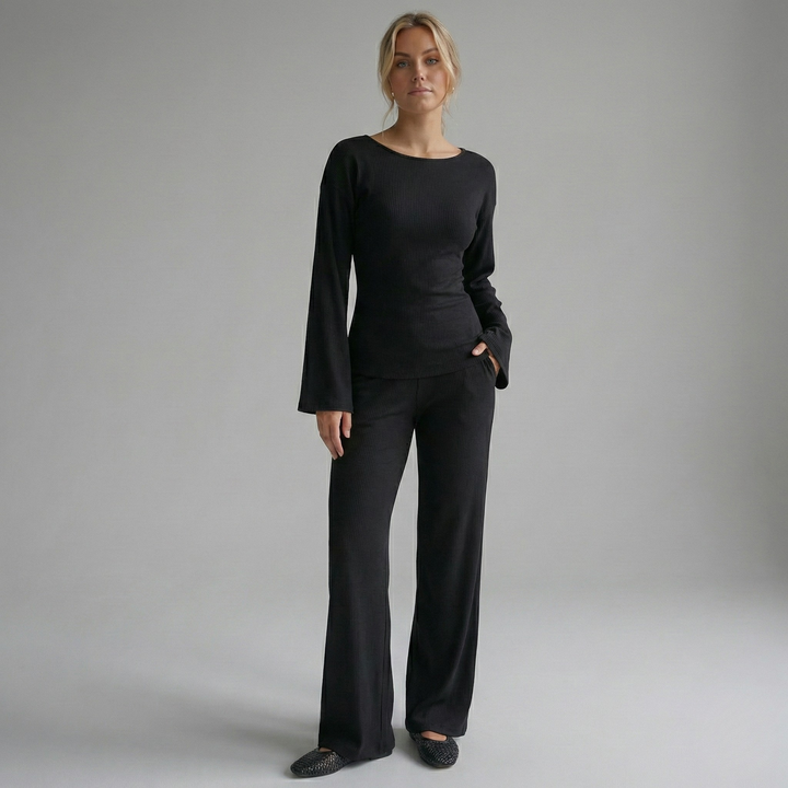 Round Neck Flare Sleeve Top & Bottom Set - colour option