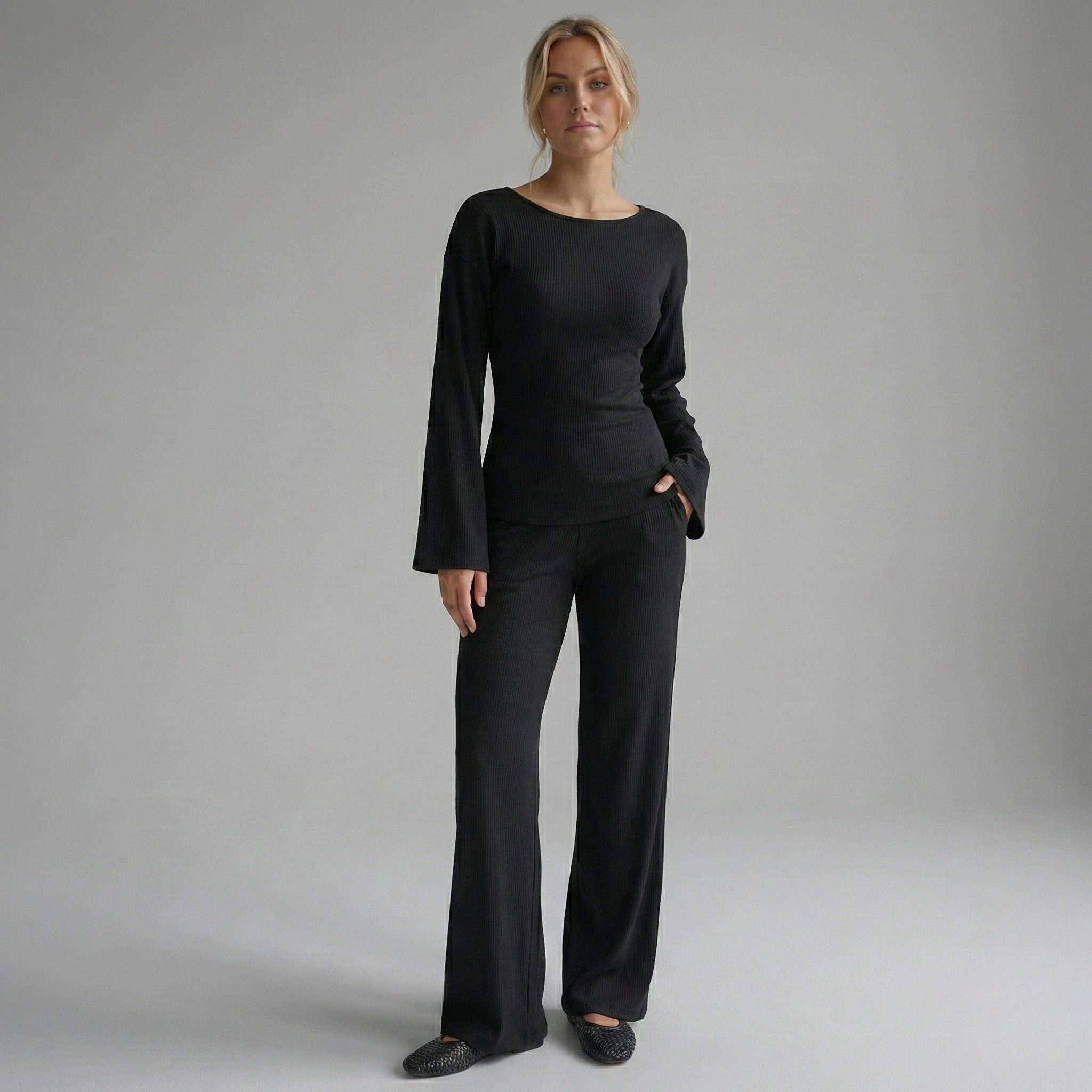 Round Neck Flare Sleeve Top & Bottom Set