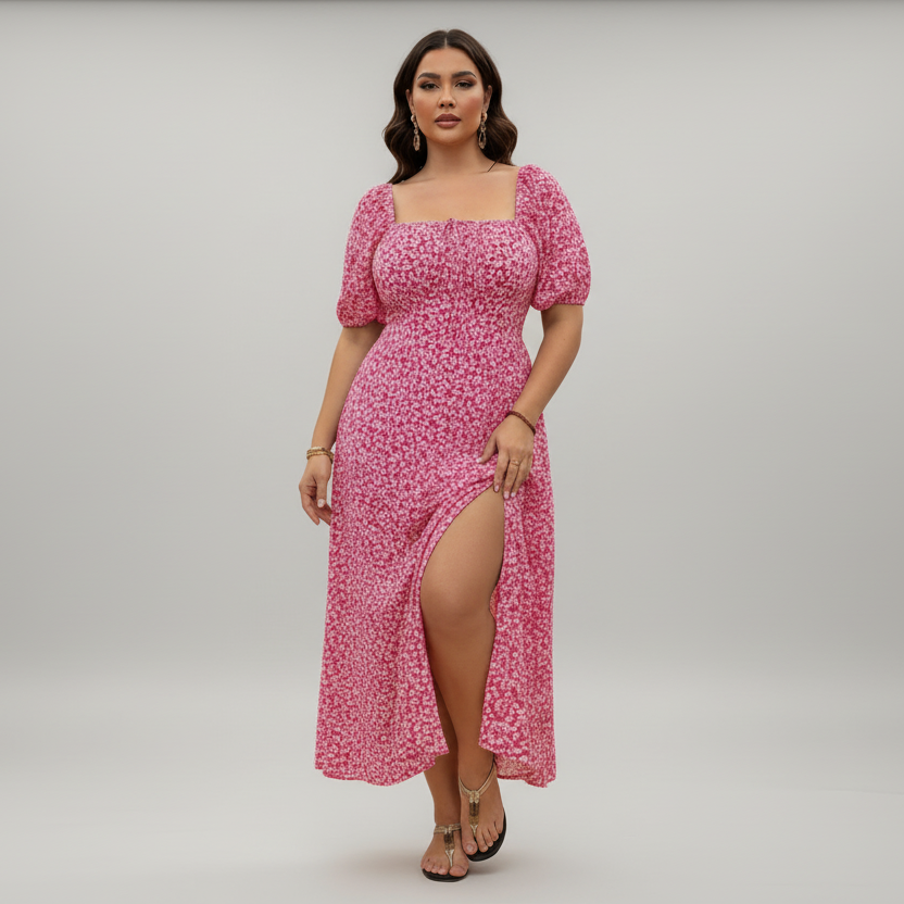 Woman in flowing ditsy floral maxi dress, lightweight fabric, relaxed silhouette, plus-size fit