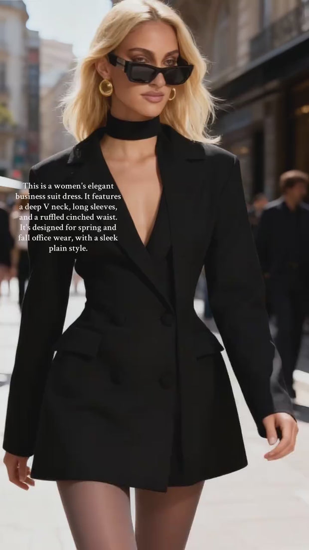 deep v neck blazer dress Work Party Blazer Dress Yellow Deep V Pleated Sleeve A-Line Mini Dress