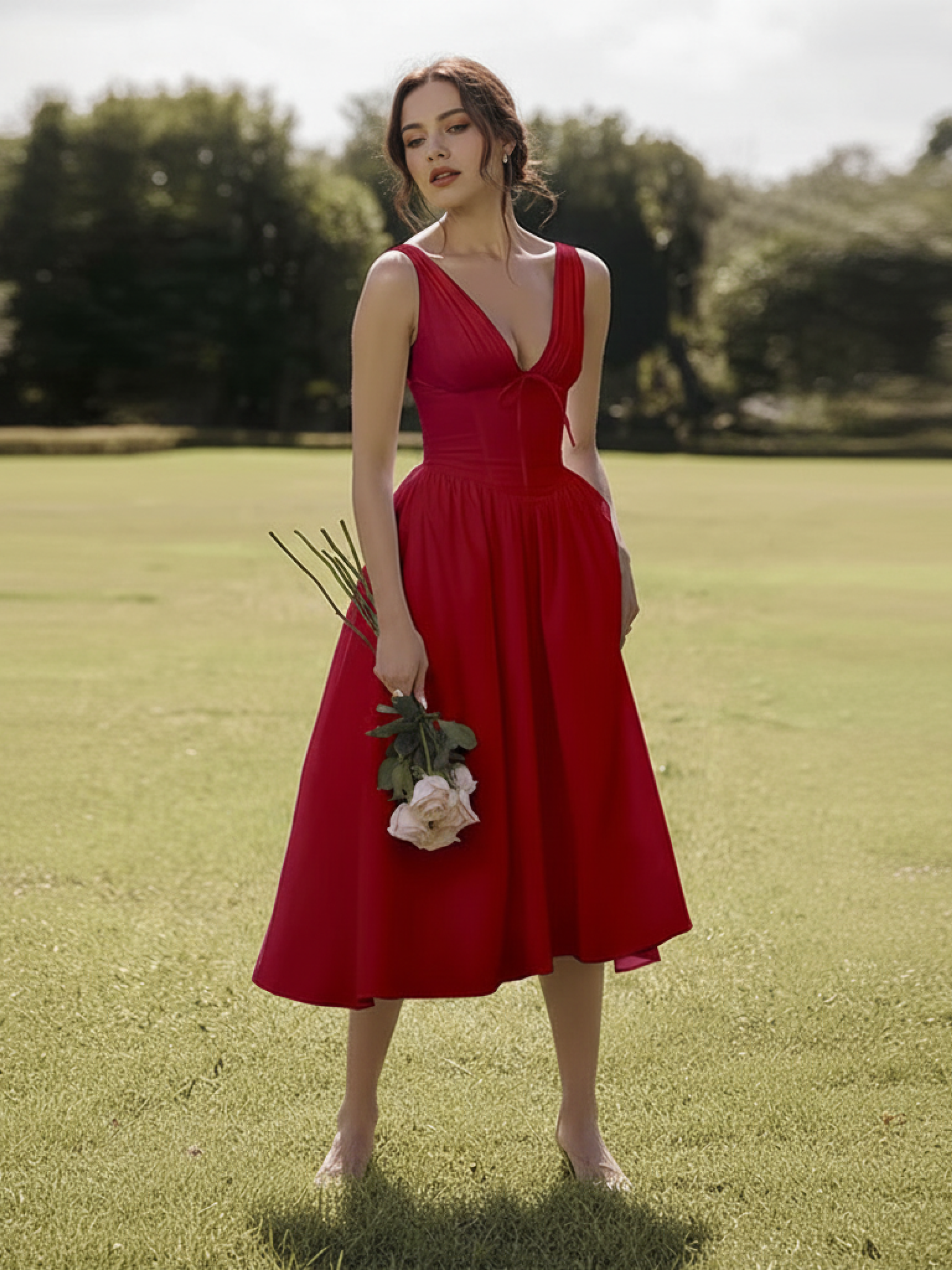 red v neck midi dress