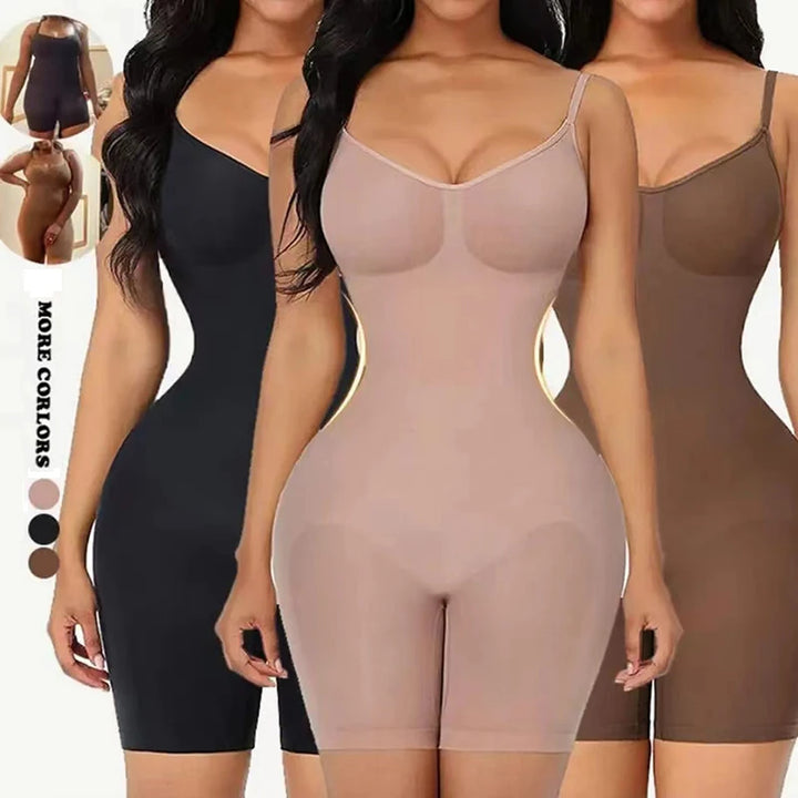 Sleekform seamless shapewear bodysuit in nude, full-body compression silhouette, worn under fitted clothing