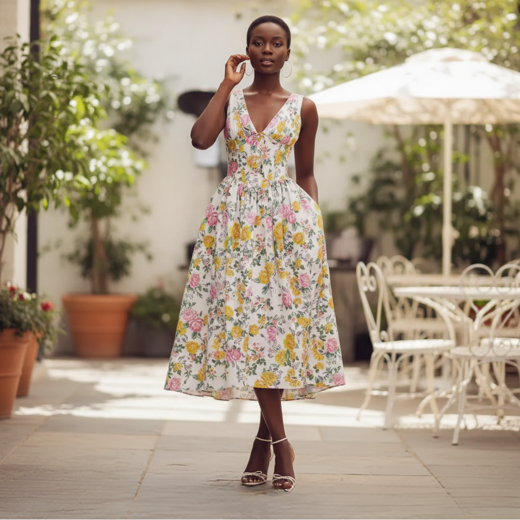 v neck midi dress floral