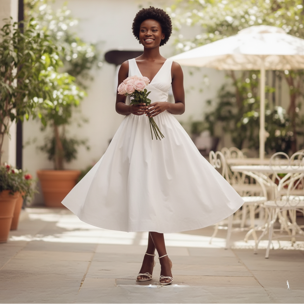 v neck midi dress white