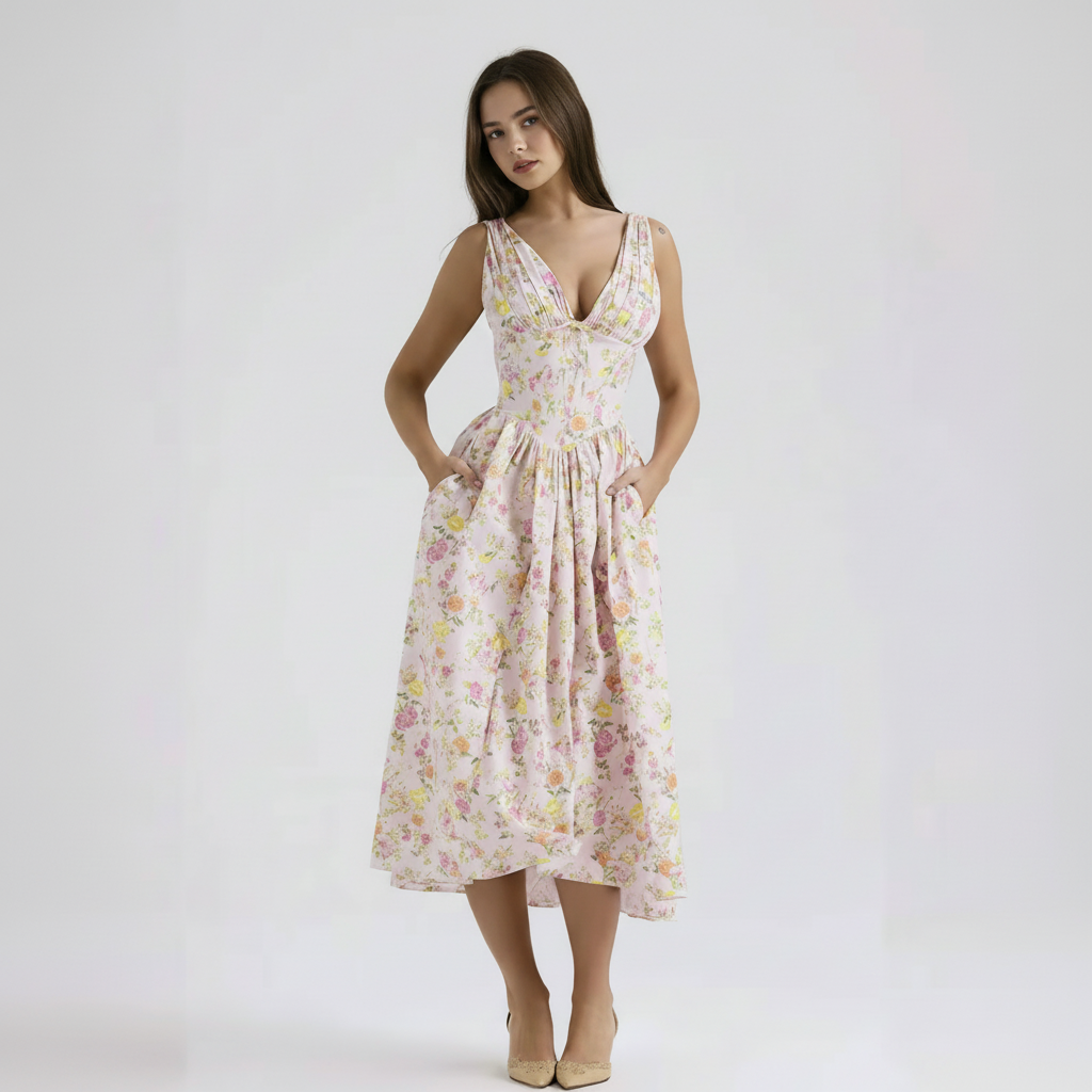 v neck midi dress white floral