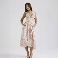 v neck midi dress white floral