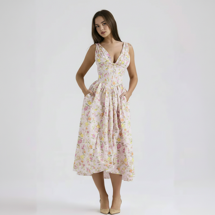 v neck midi dress white floral