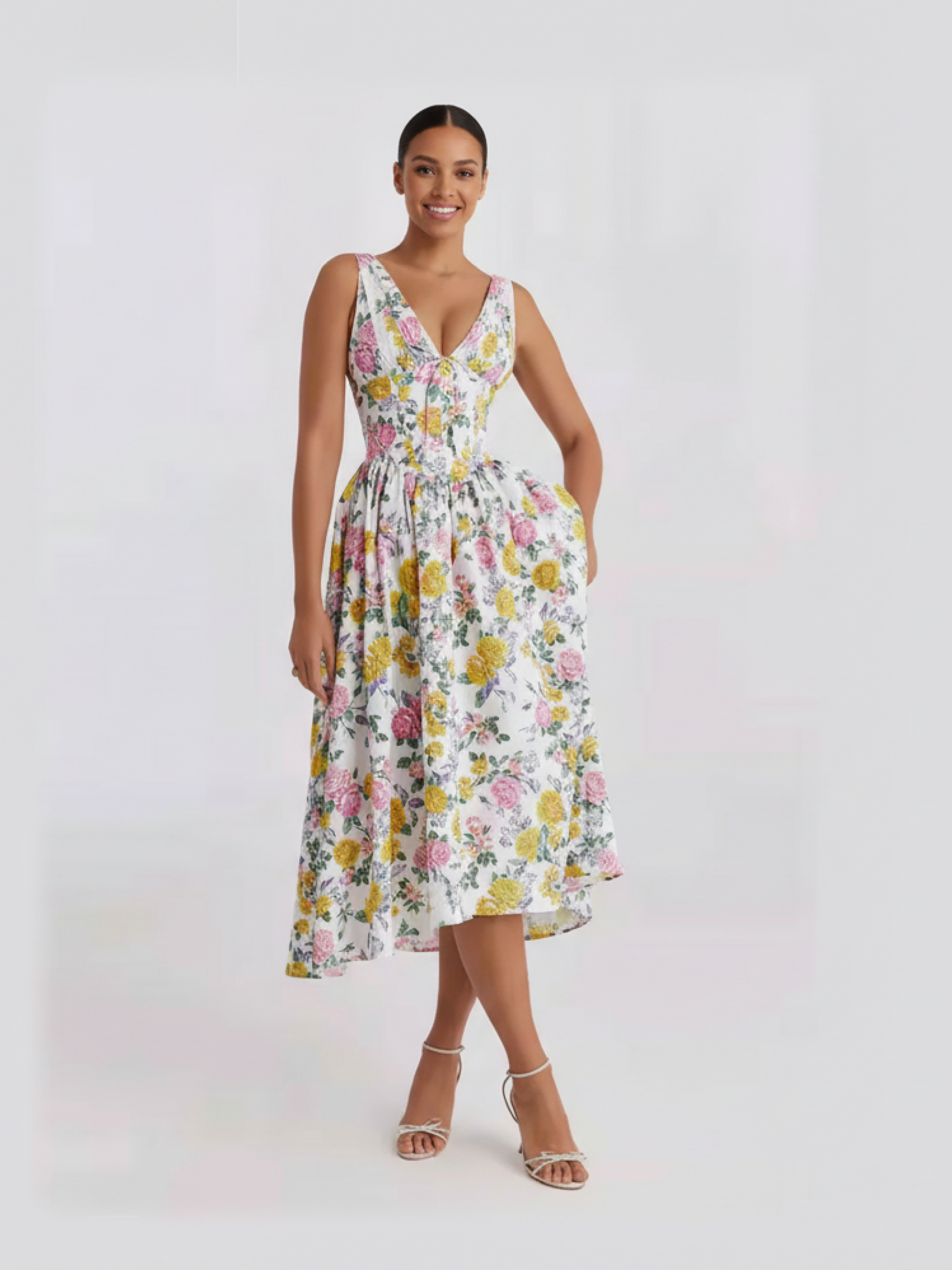  white floral deep v neck midi dress
