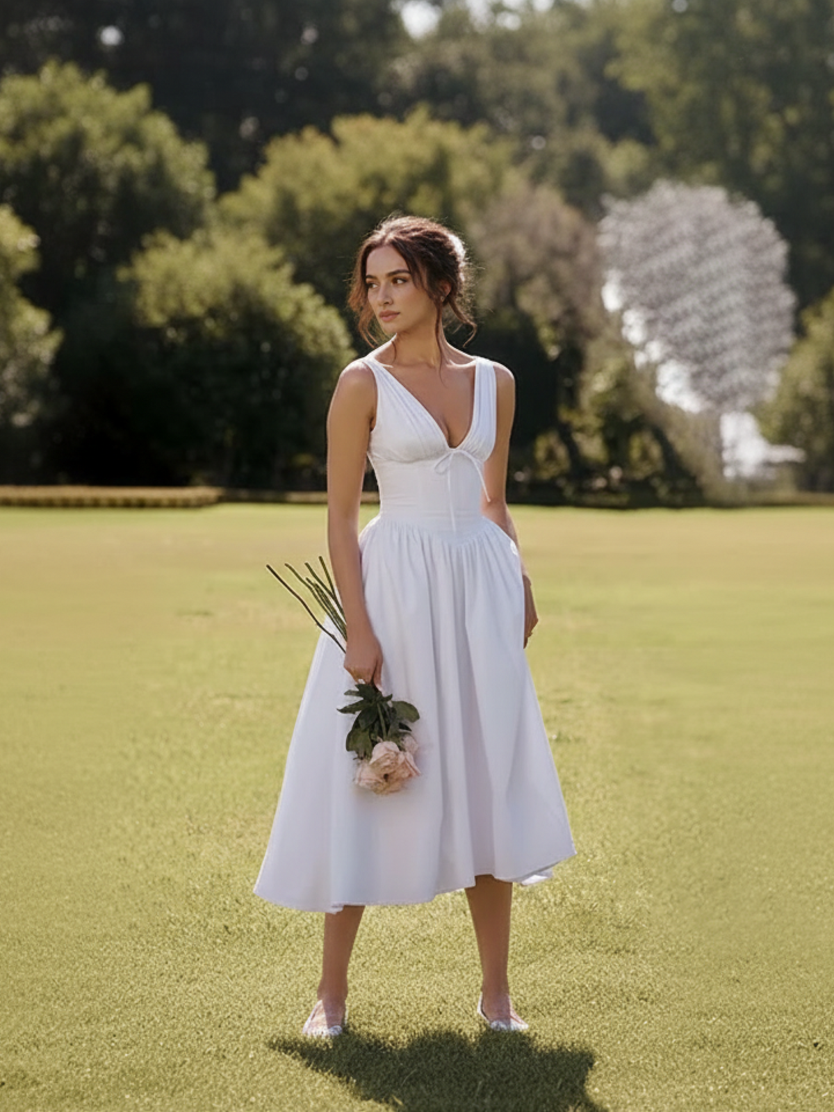  white v neck midi dress