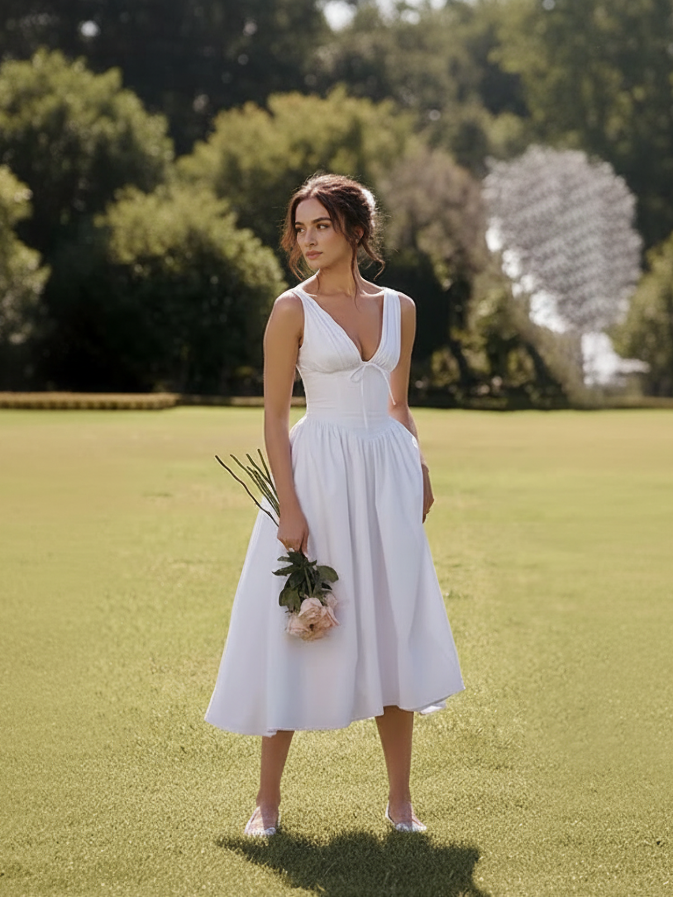  white v neck midi dress